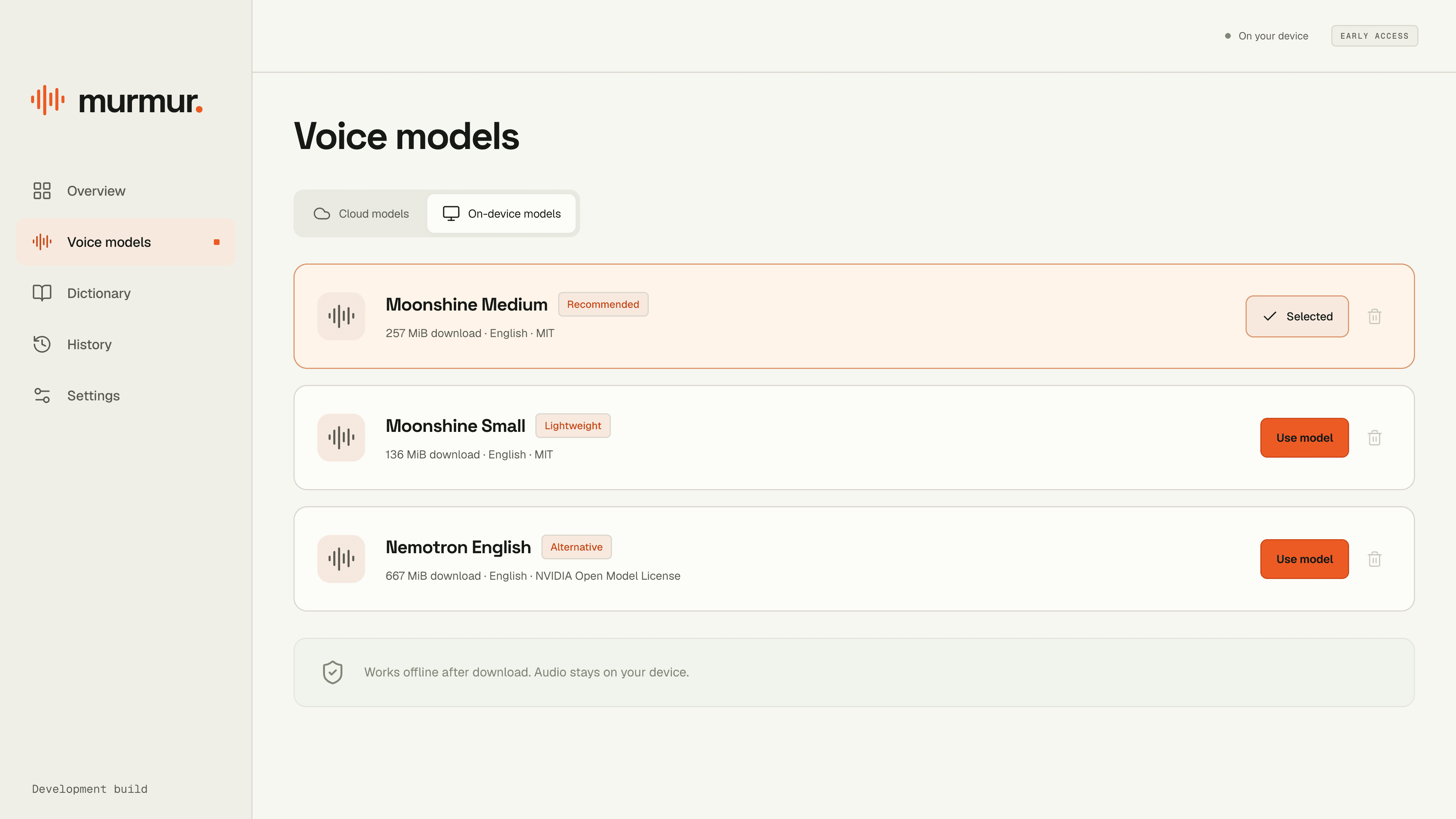 Murmur on-device model manager with Moonshine Medium, Moonshine Small, and Nemotron English