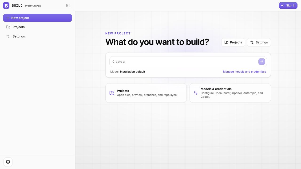 Actual Build interface showing a new project prompt, project navigation, and model credential settings
