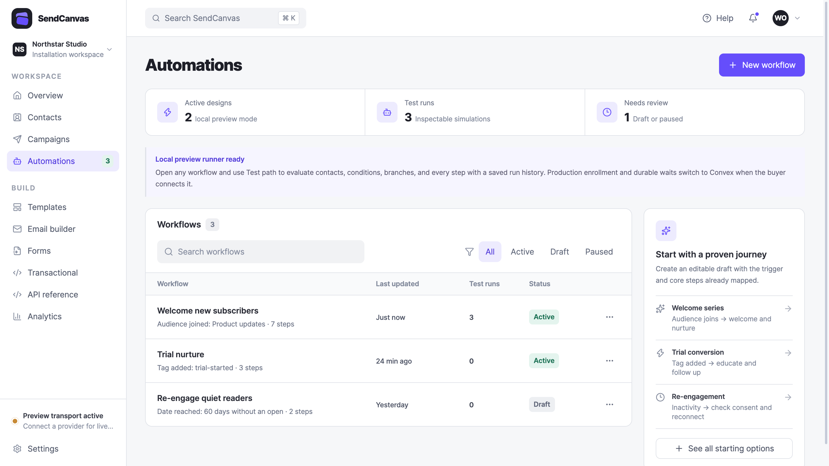 Actual SendCanvas automation studio with workflow steps and validation