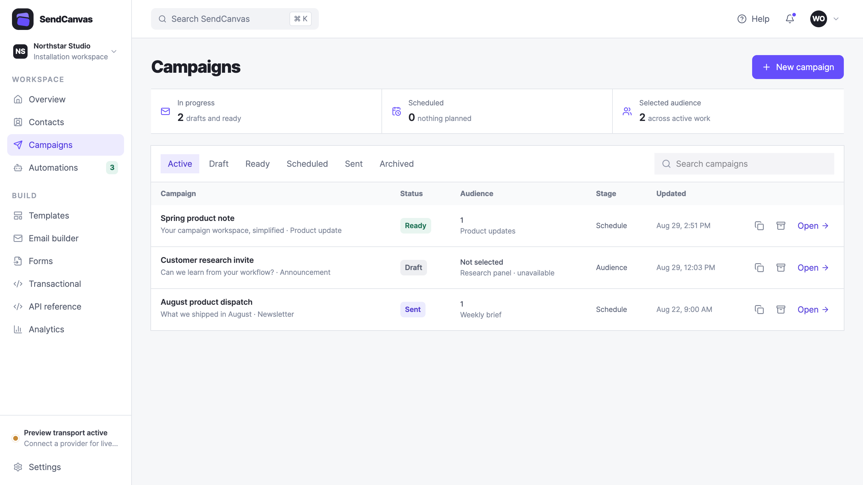 Actual SendCanvas campaigns workspace with draft, ready, scheduled, and sent stages